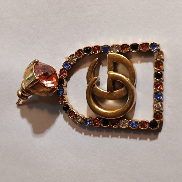 AUTHENTIC GUCCI GOLD TONE MULTIPLE COLORED CRYSTAL DANGLING EARRINGS - Picture 3 of 7